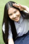 Portrait Of Thai High School Student Uniform Teen Beautiful Girl Happy And Relax, Stock Photo