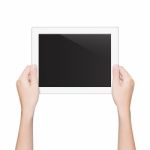 Closeup Hand Holding Tablet Isolated White Clipping Path Inside Stock Photo