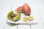 Opuntia Ficus-indica Cactus Fruits Opened On A White Background Stock Photo