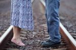 Couple Kissing On Railway Stock Photo