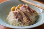 Steam Chicken Meat With Steam Rice In A Dish Stock Photo