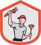 Plumber Holding Wrench Plunger Cartoon Stock Photo