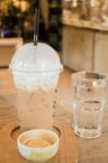 Ice Caffe Mocha Serving On Wooden Table Stock Photo