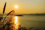 High Angle View Beautiful Lake At Sunset Stock Photo