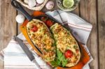 Aubergine Stuffed With Vegetables And Cheese Stock Photo