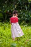 Asian Girl Playing With Soap Bubbles On Nature Background. Outdoors Stock Photo