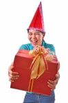 Woman Smile And Hold Gift Box In Hands Stock Photo