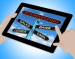 Bookkeeping Tablet Means Sales Ledger Bank And Cash Stock Photo