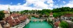 Panorama View Of Historical Old Town City And River On Bridge In Bern Stock Photo