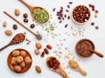 Various Legumes And Different Kinds Of Nuts Walnuts Kernels ,haz Stock Photo