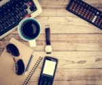 Office Desk With Coffee Background Stock Photo