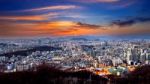 View Of Downtown Cityscape And Seoul Tower In Seoul, South Korea Stock Photo