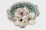 Wicker Basket Full Of Garlic Heads Stock Photo