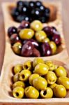 Variety Of Green, Black And Mixed Marinated Olives Stock Photo