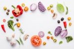 Various Fresh Vegetables And Herbs On White Background.ingredien Stock Photo