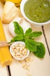 Italian Traditional Basil Pesto Pasta Ingredients Stock Photo