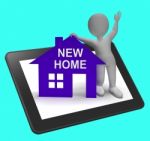 New Home House Tablet Shows Buying Property And Moving In Stock Photo