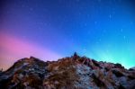 Star Trails Over The Winter Mountains Landscape.deogyusan Mountains In Korea Stock Photo