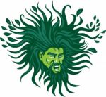 Green Man Head Hair Flowing Leaves Cartoon Stock Photo