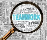 Teamwork Magnifier Represents Cooperation Searching And Magnifying Stock Photo