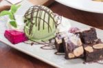 Dessert Made Of Brownie And Green Tea Ice Cream Stock Photo