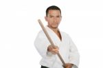 Closeup Isolated Portrait Of Martial Arts Man In Kimono Excercis Stock Photo