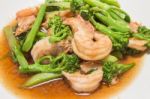 Prawns With Broccoli Fried Sauce Stock Photo