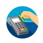 Hand Swiping Credit Card On Pos Terminal Retro Stock Photo