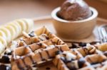 Delicious Sweet Dessert : Homemade Waffle With Chocolate Sauce , Stock Photo