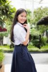 Portrait Of Thai High School Student Uniform Teen Beautiful Girl Happy And Relax, Stock Photo