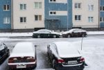 Four Cars Near The House In The Snow Stock Photo