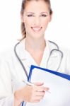 Doctor With Papers And Stethoscope Stock Photo