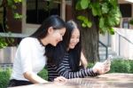 Two Asia Thai Teen Best Friends Girls Smile And Funny Stock Photo