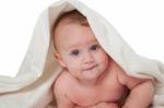 Cute Little Baby Lying Under Blanket Stock Photo