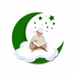 Illustration Of A Little Muslim Boy Reading The Quran On The Moon Stock Photo