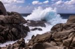 Waves Pounding The Coastline At Capo Testa Sardinia Stock Photo