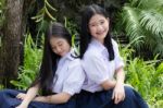 Two Asia Thai High School Student Best Friends Beautiful Girl Smile And Funny Stock Photo