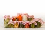 Variety Of Jars With Organic Vegetable Pickles Stock Photo