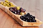 Variety Of Green, Black And Mixed Marinated Olives Stock Photo