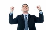 Mature Businessman With Raising Arms Stock Photo