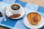 Expresso Coffee And Egg Custard Pastry Stock Photo