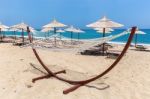 Hammock With Beach Umbrellas At Coast Stock Photo