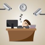 Cartoon Businessman Sleeping At Working Time With Cctv Stock Photo