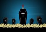 Halloween Coffin Zombie Hand Skull Pile  Stock Photo