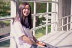 Portrait Of Thai Student Teen Beautiful Girl Happy And Relax Stock Photo