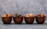 Whole Almonds,whole Walnuts ,whole Hazelnut And Pecan Nuts In Wo Stock Photo