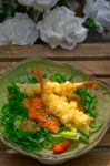 Fresh Japanese Tempura Shrimps With Salad Stock Photo