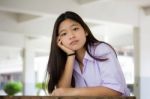 Portrait Of Thai High School Student Uniform Teen Beautiful Girl Happy And Relax Stock Photo