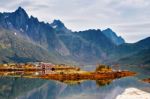 Norway Island In Fjord. Cloudy Nordic Day. Hotel On Island Stock Photo