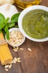 Italian Traditional Basil Pesto Pasta Ingredients Stock Photo